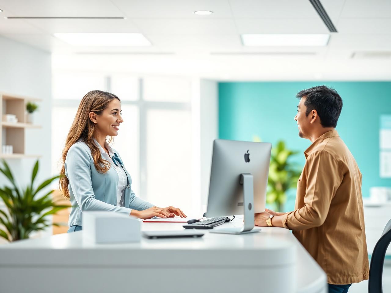Recepcionista atendendo um paciente na recepção de uma clínica